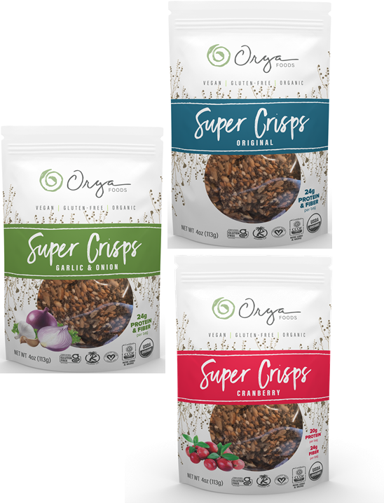 Orga Super Crisp Crackers in three flavors: Original, Cranberry, and Garlic & Onion