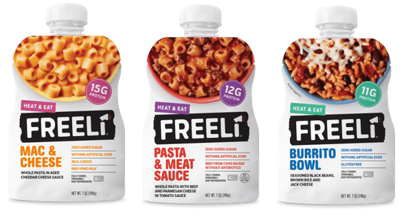 Freeli is the first refrigerated, fresh nutritious meal in a “touch-less” pouch. 11-15G  protein per serving, zero or low added sugar, no artificial ingredients, ABF chicken & beef, whole grains, rBST free dairy & veggies!