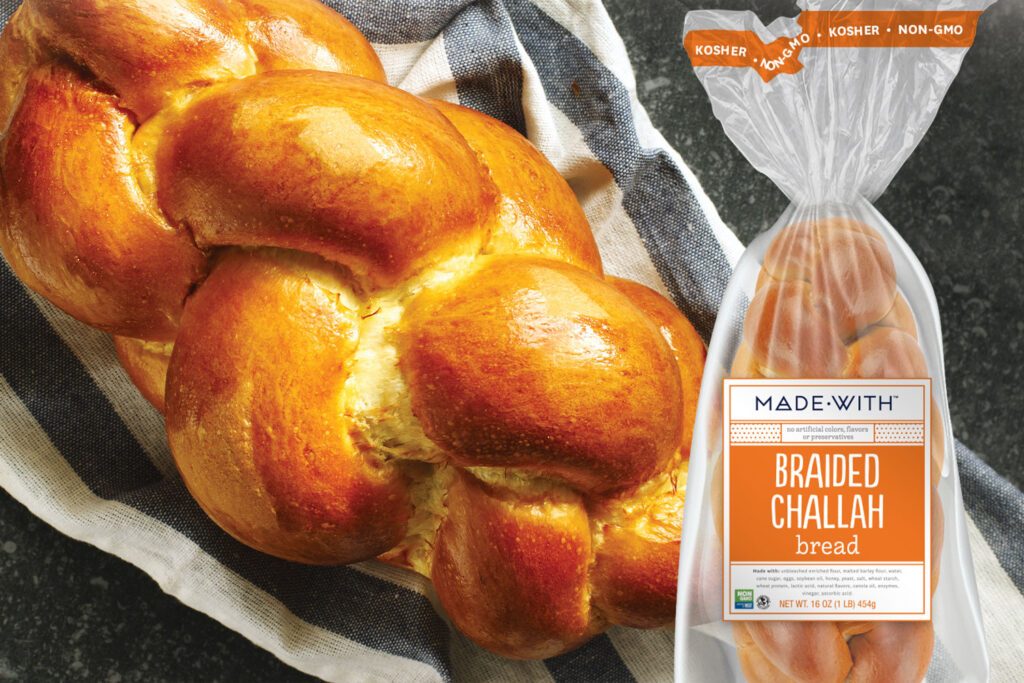 Made With non-GMO and kosher braided challah bread